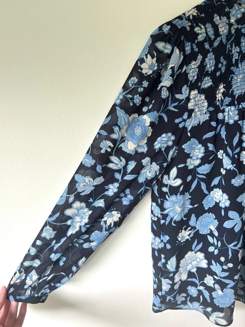J.Crew Ruffle Neck Chiffon Top Midnight Blue Black Floral Pattern Smocked Ruffle